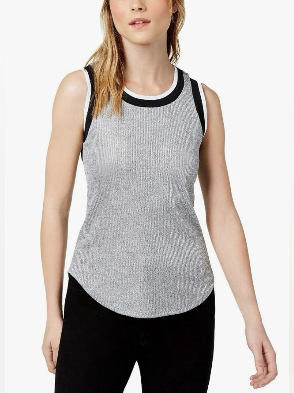 Bar III Women’s Ribbed Varsity Tank Top Sleeveless Silver XL Lightweight Stretch